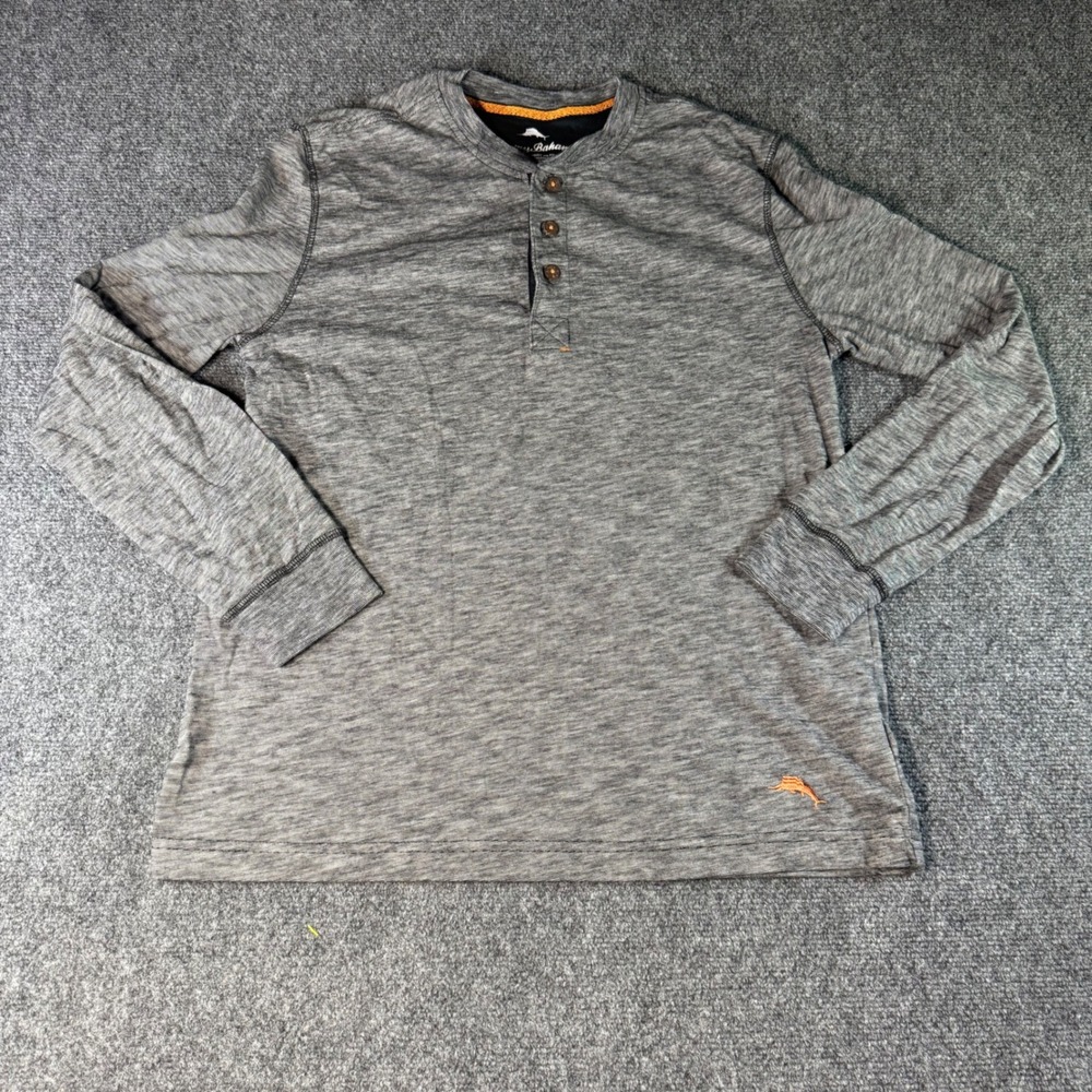 Tommy Bahama Mens Grey Space Dye Long Sleeve Henley Shirt Small Logo